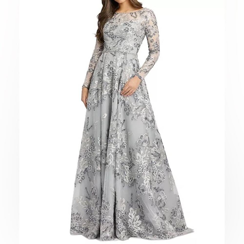 Mac Duggal 11185 Floral Long Sleeve A-Line Gown Platinum Women’s Sz 8
